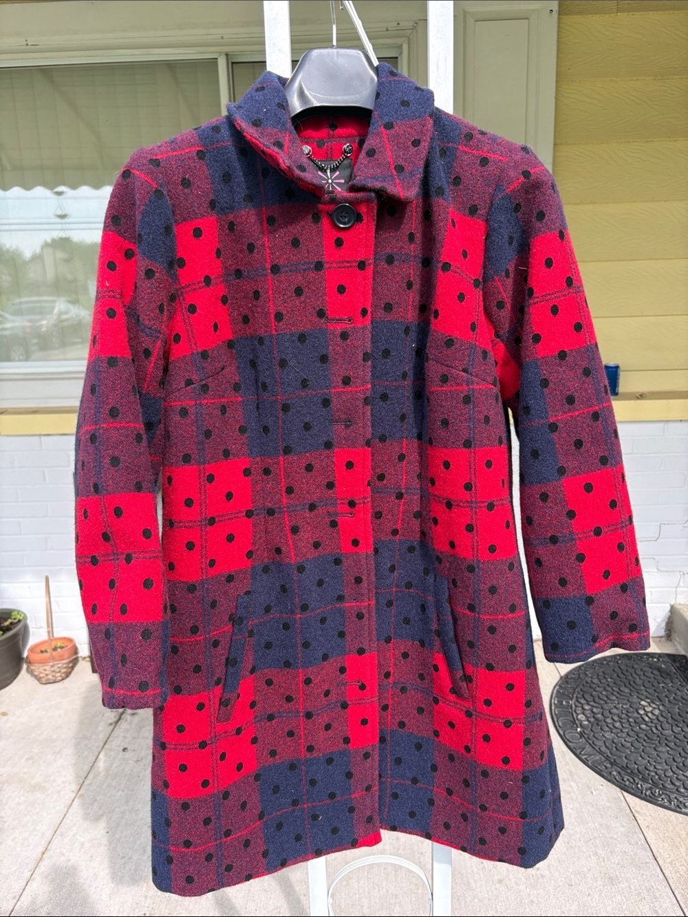 Isaac Mizrahi Red and Navy Plaid Polka Dot Wool-Blend Pea Coat